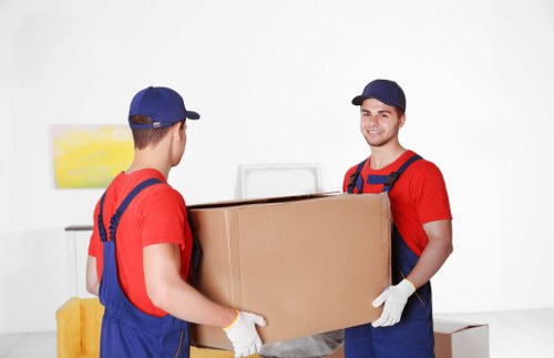 Professional office relocation setup in Knightsbridge with equipment and boxes