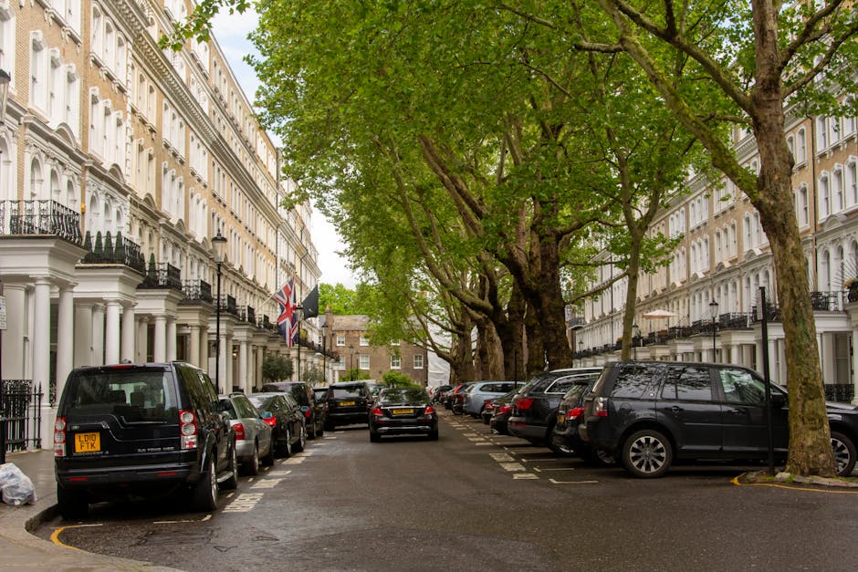 A quiet residential street in Knightsbridge lined with white Victorian-style terraced houses featuring black iron balconies and flags hanging from the façades, with a row of tall, lush green trees stretching across the sidewalk. Several parked cars, including a black van with a visible UK license plate, are aligned along both sides of the narrow, paved road. The scene appears to be during daytime with overcast weather, and the setting suggests a typical urban area suitable for home relocations involving furniture transport and loading activities, as managed by Man with Van Knightsbridge. The street environment and the parked vehicles indicate a location where moving services may need to navigate parking permits and restrictions associated with house removals or packing and moving processes.